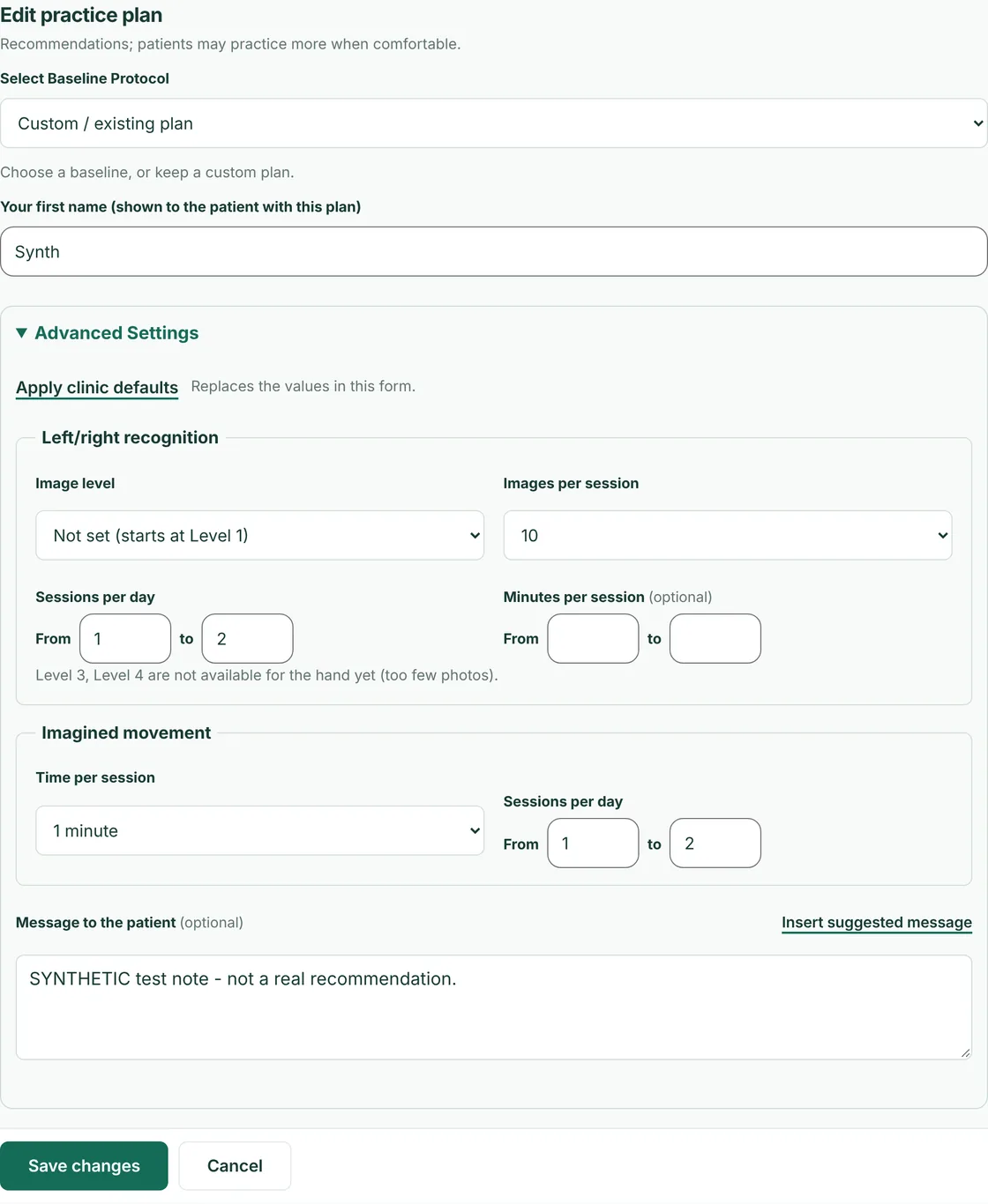 Therapist practice plan editor (synthetic test data)