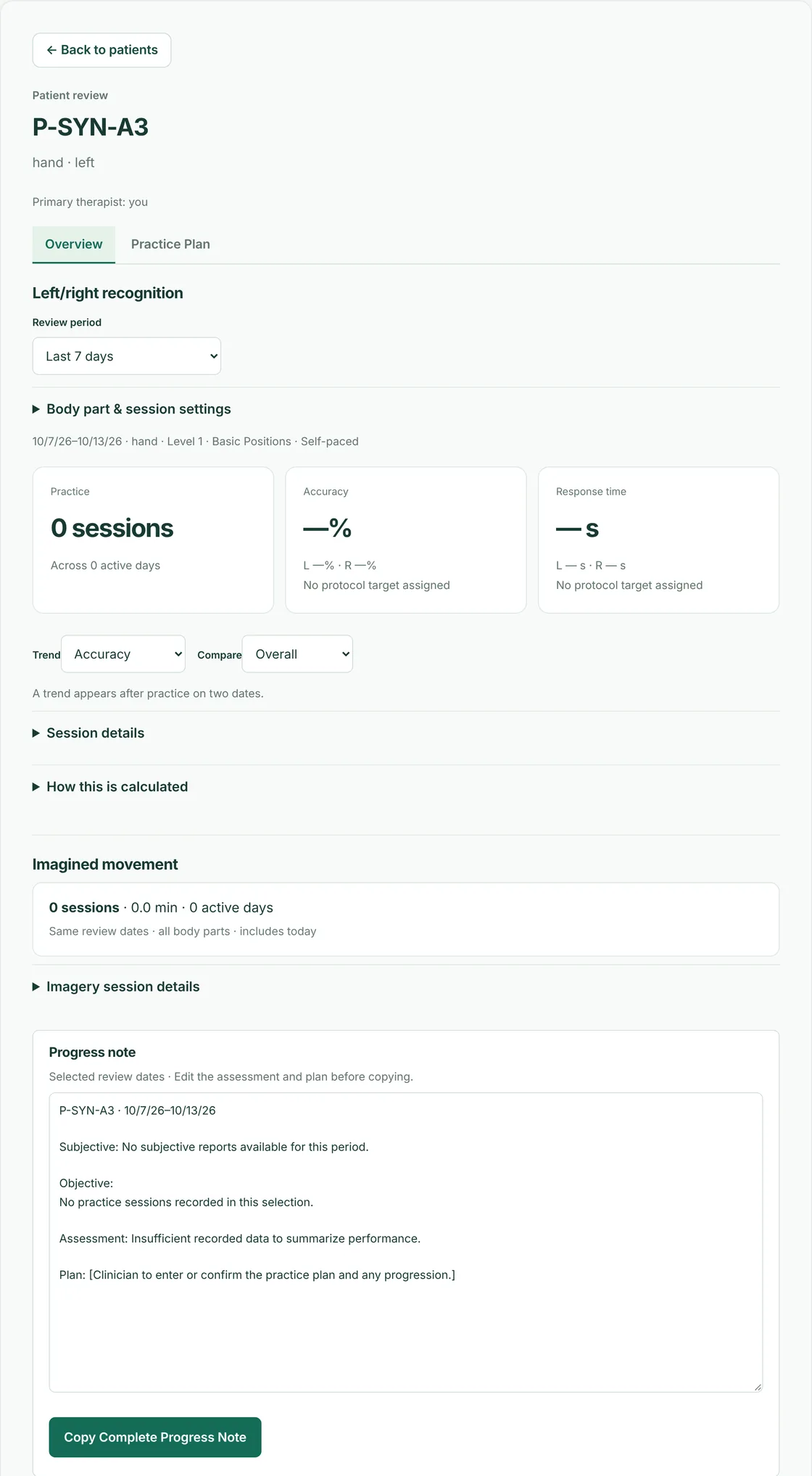 Patient review with progress note (synthetic test patient)